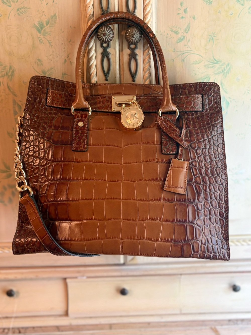 Michael Kors Brown Croc-Embossed Leather Satchel with Dust Bag + A GIFT 🎁